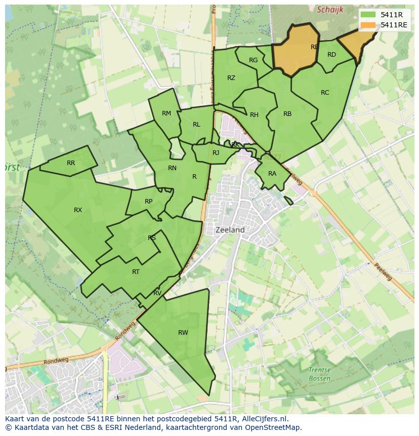 Afbeelding van het postcodegebied 5411 RE op de kaart.