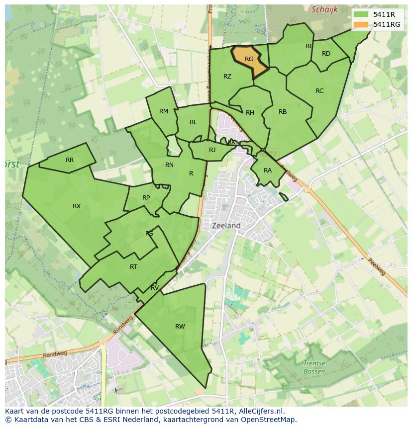 Afbeelding van het postcodegebied 5411 RG op de kaart.