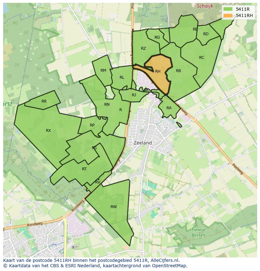 Afbeelding van het postcodegebied 5411 RH op de kaart.