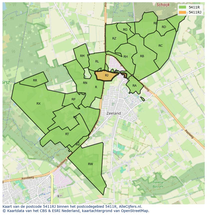 Afbeelding van het postcodegebied 5411 RJ op de kaart.