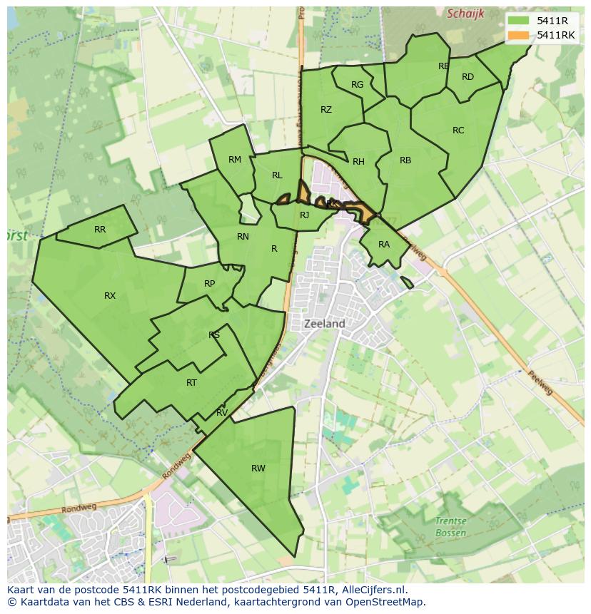 Afbeelding van het postcodegebied 5411 RK op de kaart.