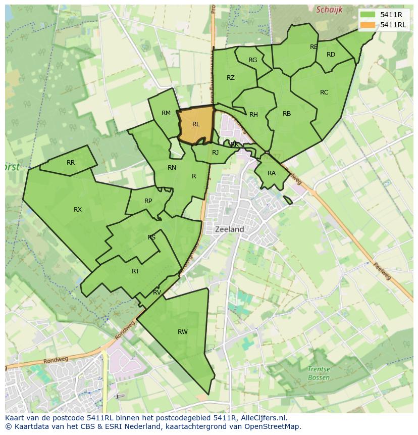 Afbeelding van het postcodegebied 5411 RL op de kaart.