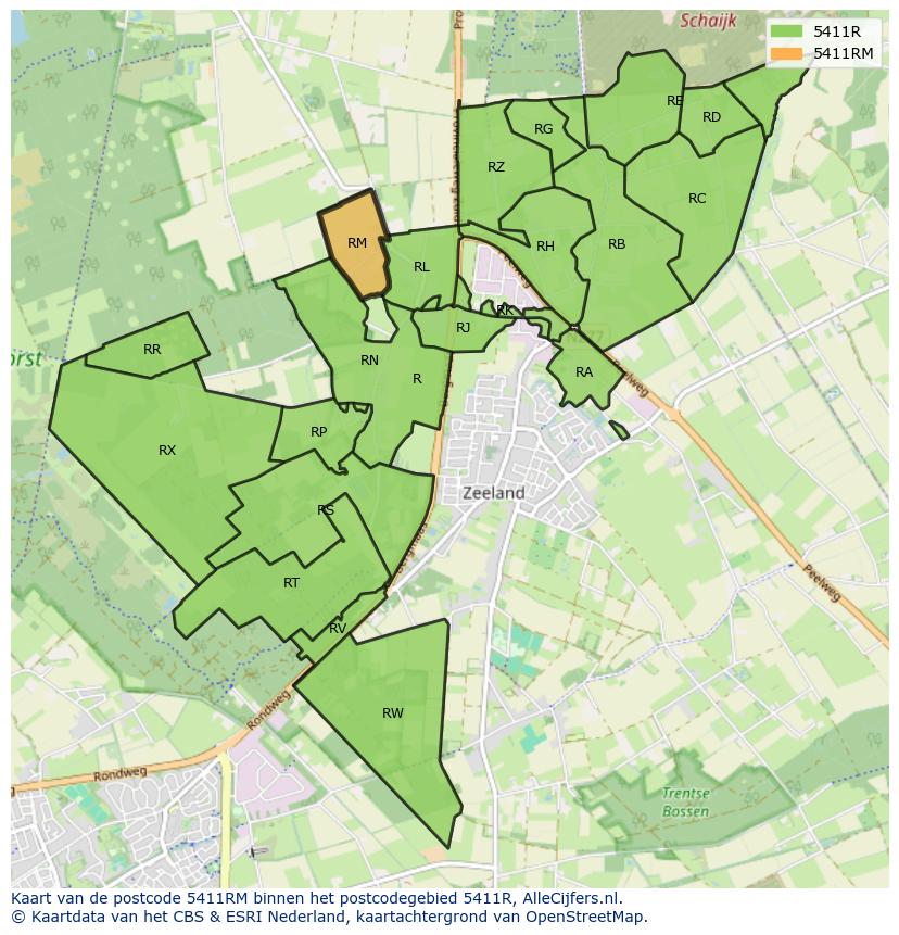 Afbeelding van het postcodegebied 5411 RM op de kaart.