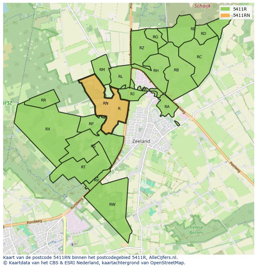 Afbeelding van het postcodegebied 5411 RN op de kaart.