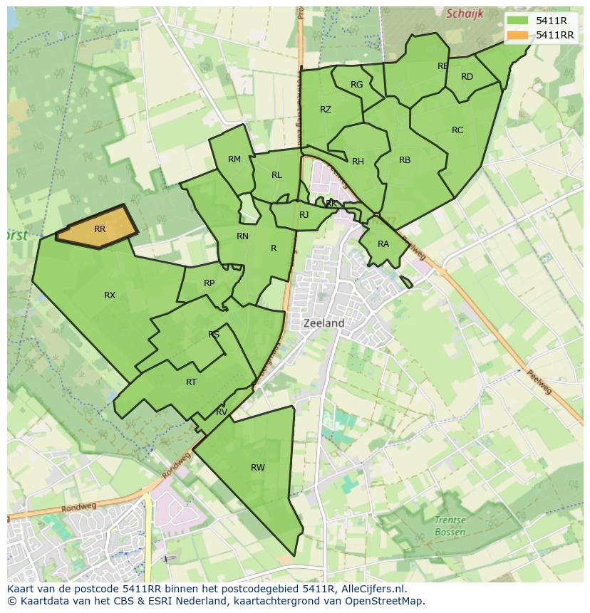 Afbeelding van het postcodegebied 5411 RR op de kaart.