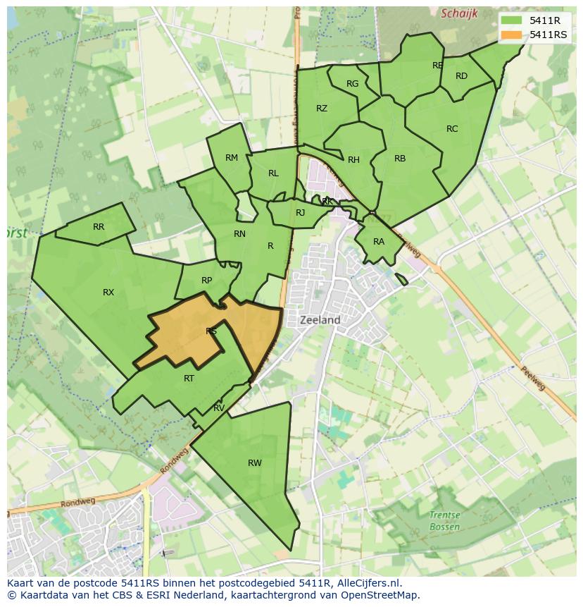 Afbeelding van het postcodegebied 5411 RS op de kaart.