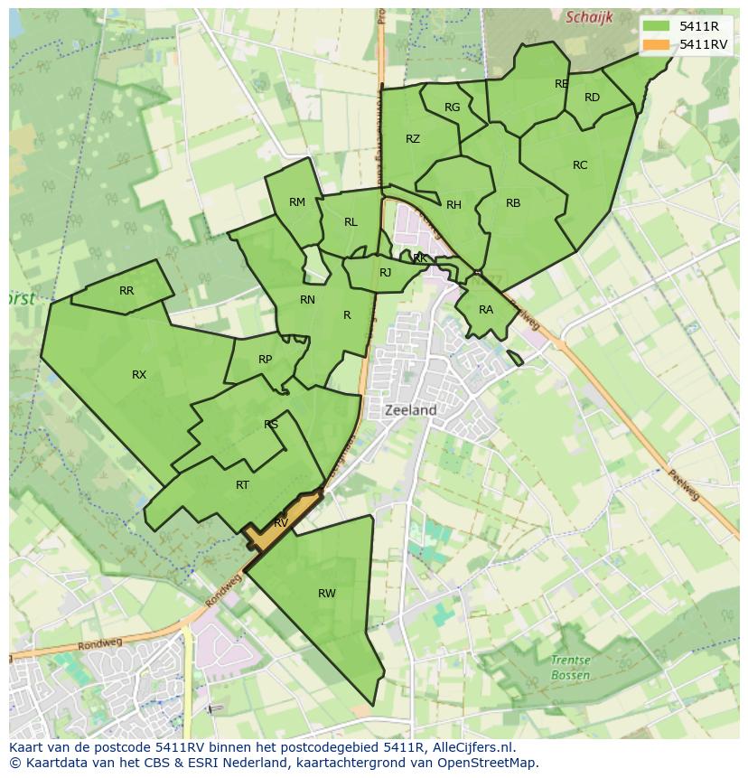 Afbeelding van het postcodegebied 5411 RV op de kaart.