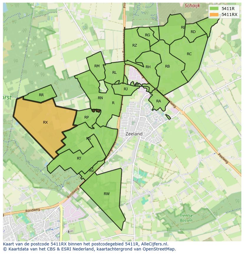 Afbeelding van het postcodegebied 5411 RX op de kaart.