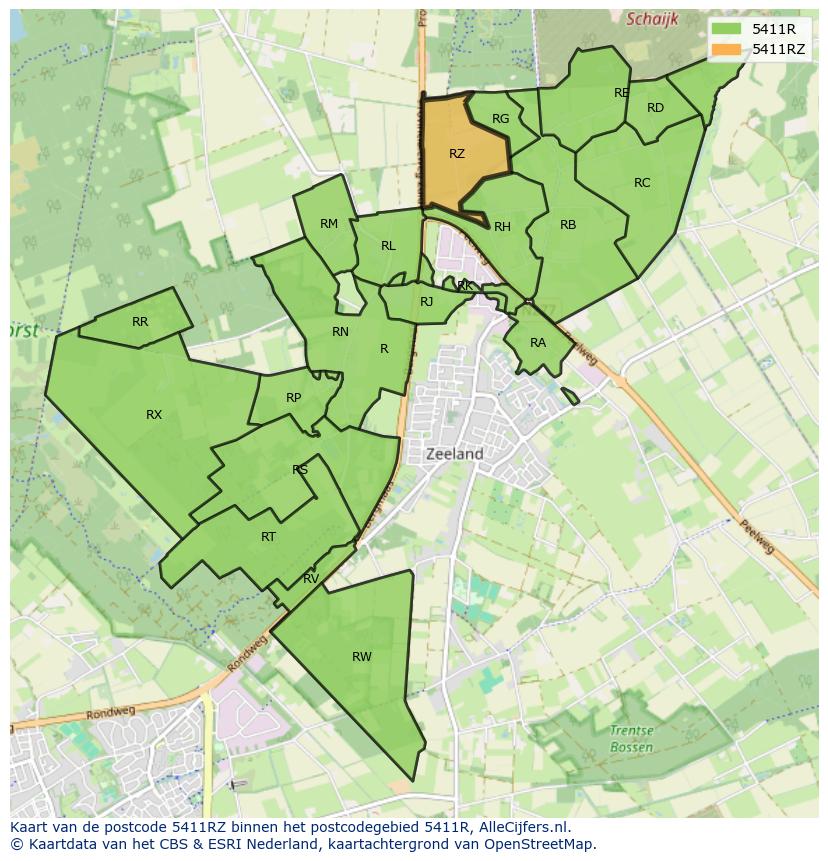Afbeelding van het postcodegebied 5411 RZ op de kaart.