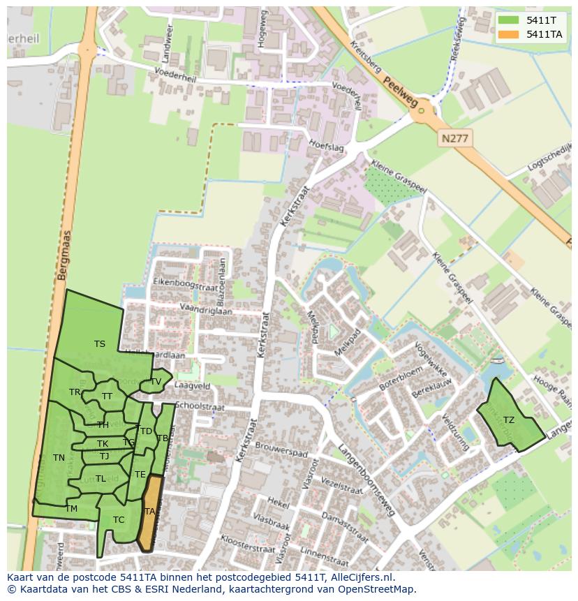Afbeelding van het postcodegebied 5411 TA op de kaart.