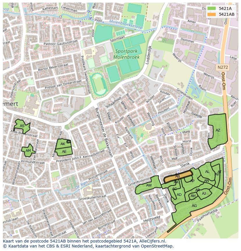 Afbeelding van het postcodegebied 5421 AB op de kaart.