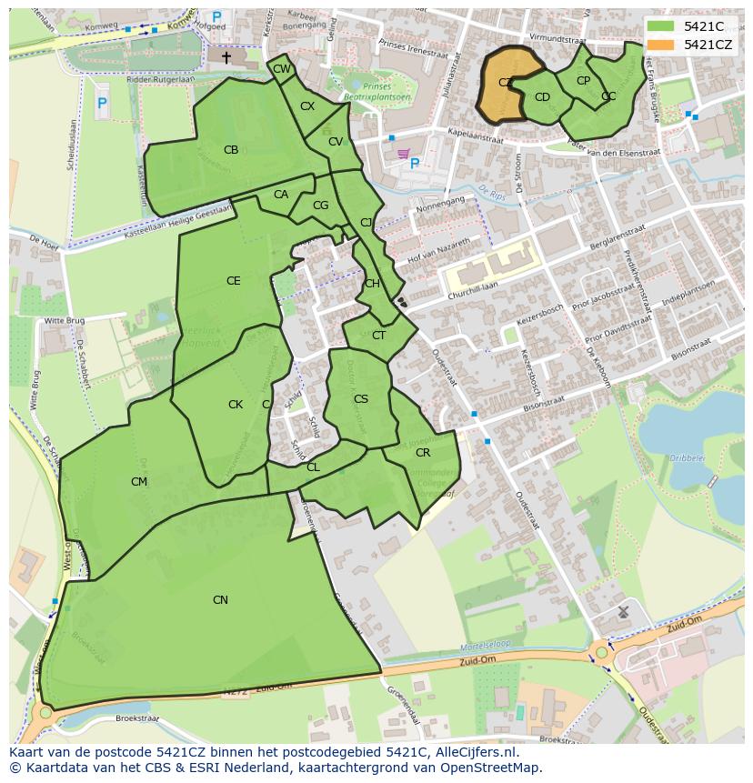 Afbeelding van het postcodegebied 5421 CZ op de kaart.