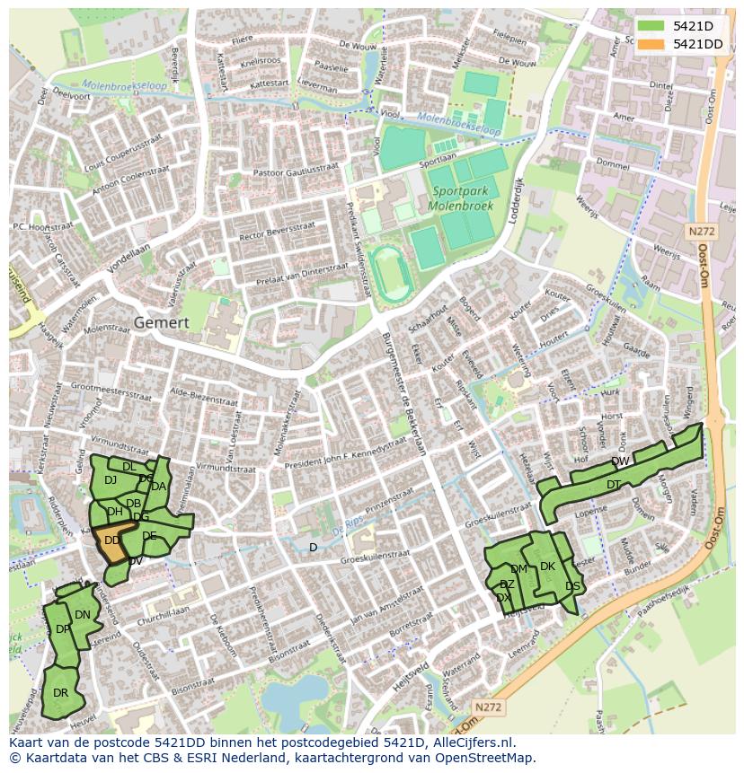 Afbeelding van het postcodegebied 5421 DD op de kaart.