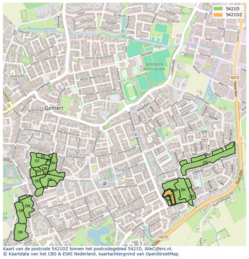 Afbeelding van het postcodegebied 5421 DZ op de kaart.
