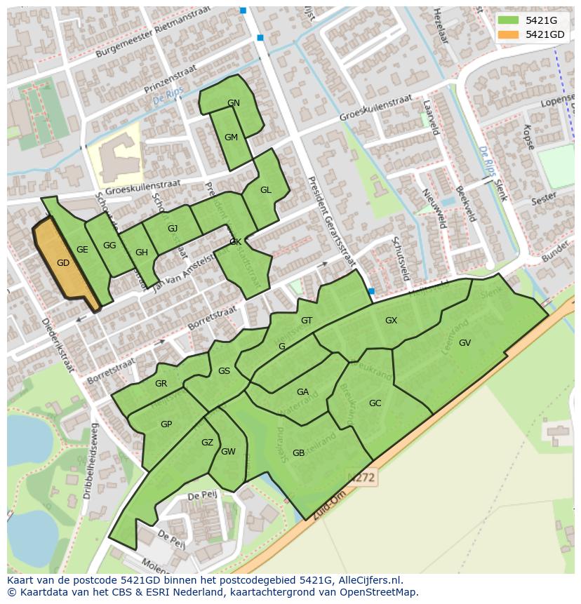 Afbeelding van het postcodegebied 5421 GD op de kaart.