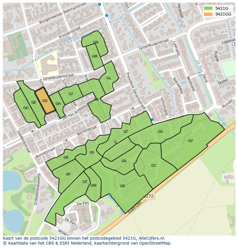 Afbeelding van het postcodegebied 5421 GG op de kaart.