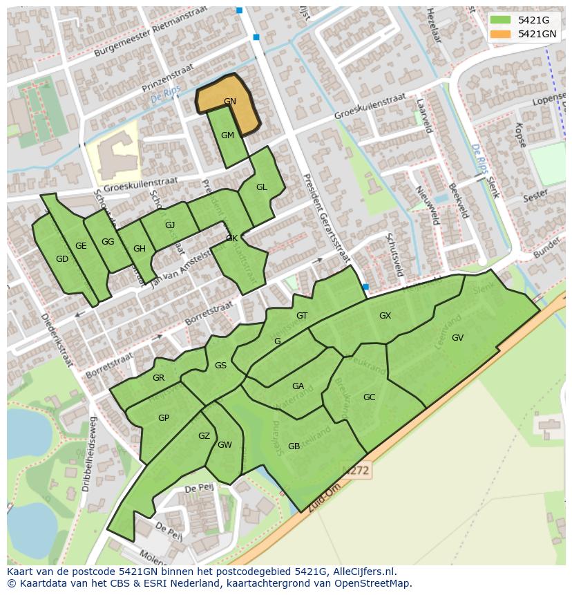 Afbeelding van het postcodegebied 5421 GN op de kaart.