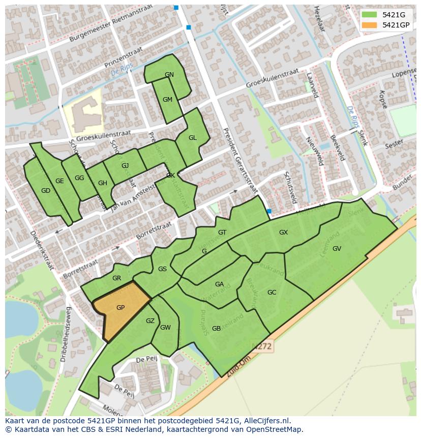 Afbeelding van het postcodegebied 5421 GP op de kaart.