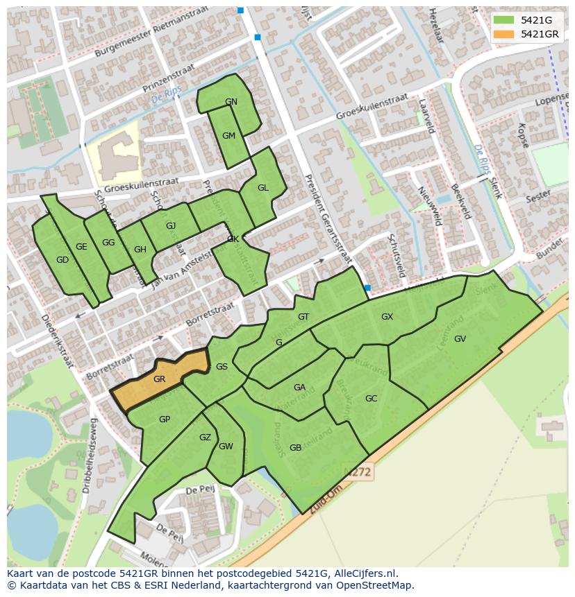 Afbeelding van het postcodegebied 5421 GR op de kaart.