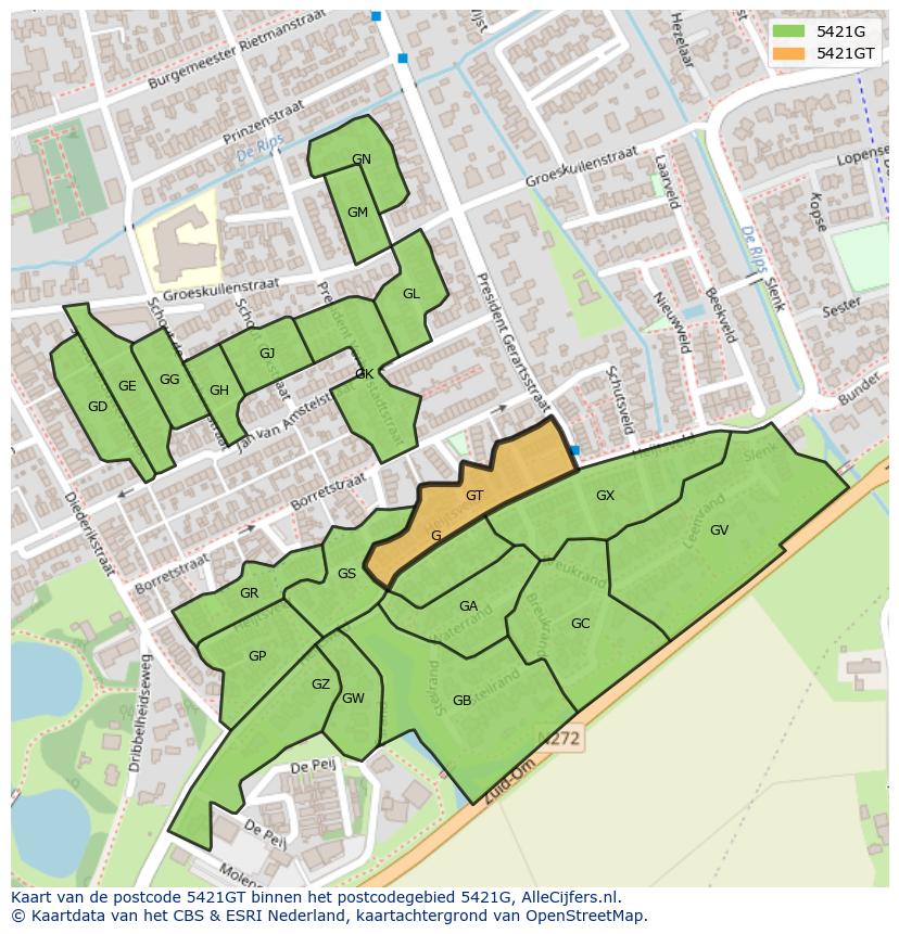 Afbeelding van het postcodegebied 5421 GT op de kaart.