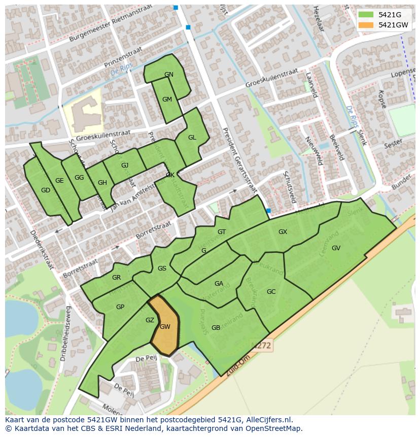 Afbeelding van het postcodegebied 5421 GW op de kaart.