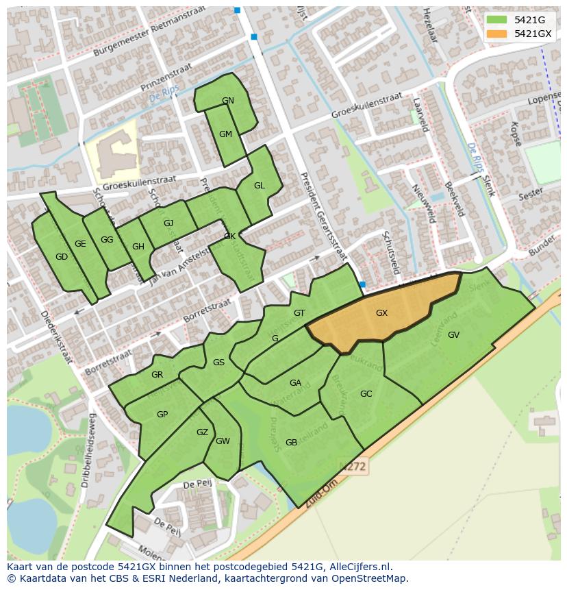 Afbeelding van het postcodegebied 5421 GX op de kaart.