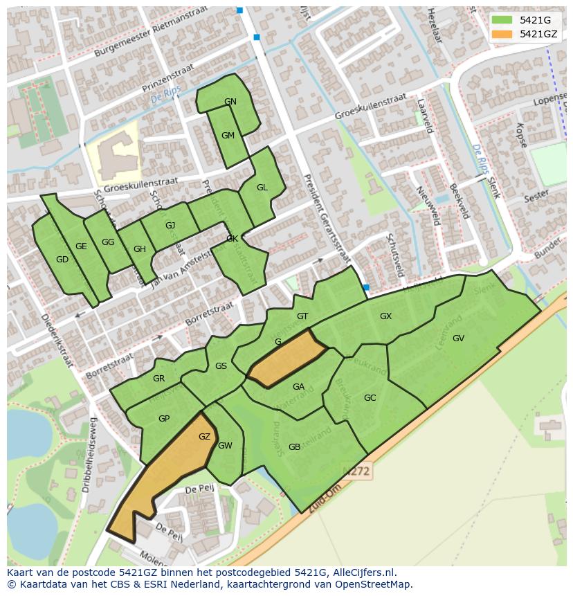 Afbeelding van het postcodegebied 5421 GZ op de kaart.