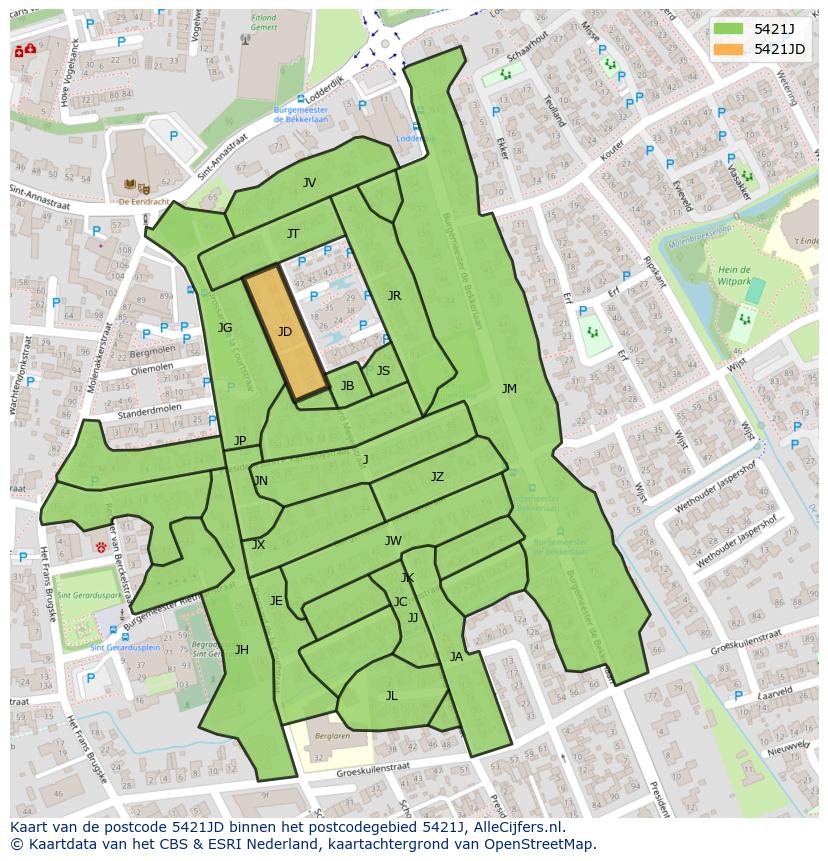 Afbeelding van het postcodegebied 5421 JD op de kaart.