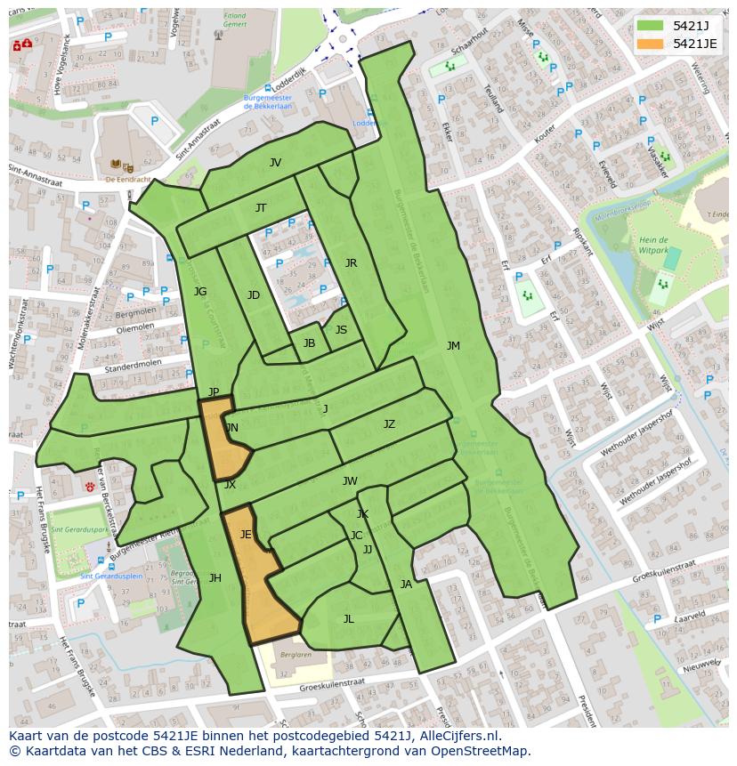 Afbeelding van het postcodegebied 5421 JE op de kaart.