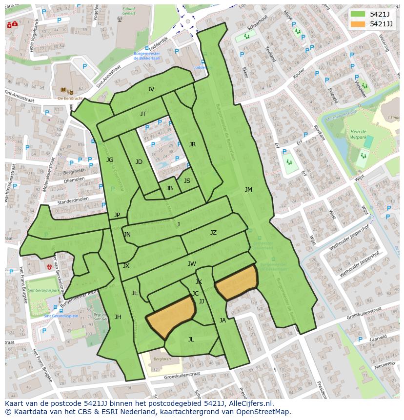 Afbeelding van het postcodegebied 5421 JJ op de kaart.