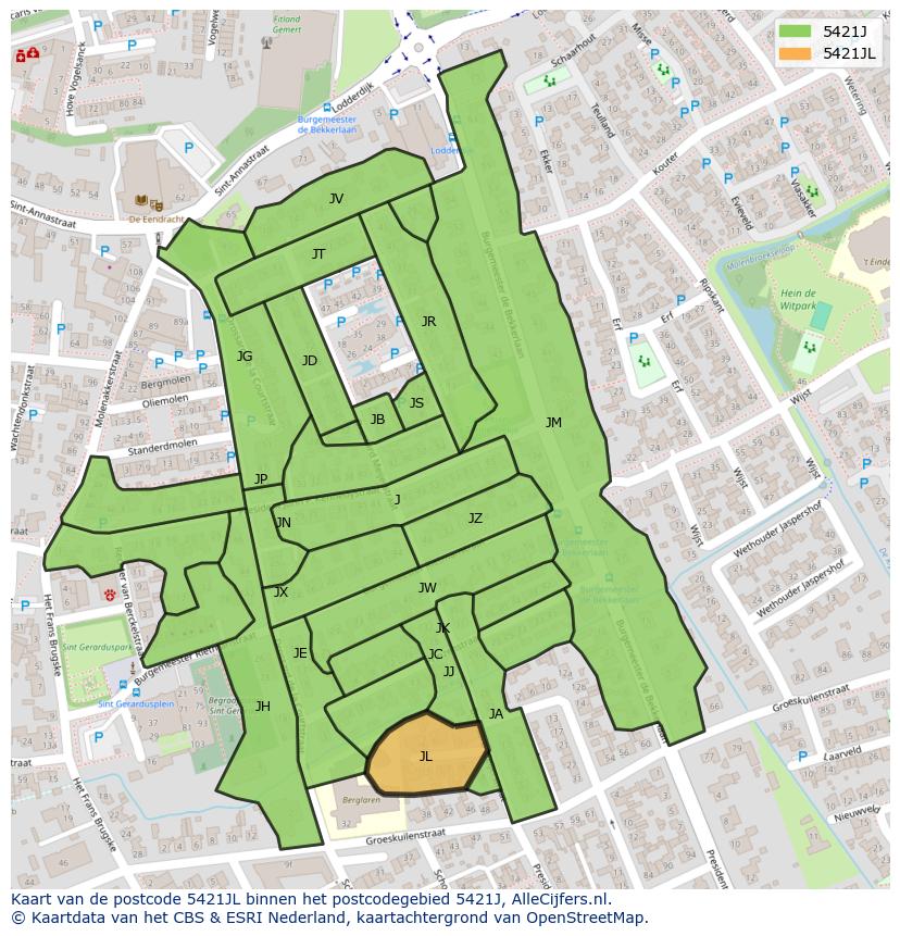 Afbeelding van het postcodegebied 5421 JL op de kaart.