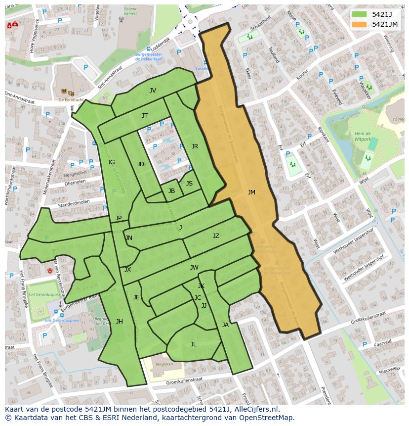 Afbeelding van het postcodegebied 5421 JM op de kaart.