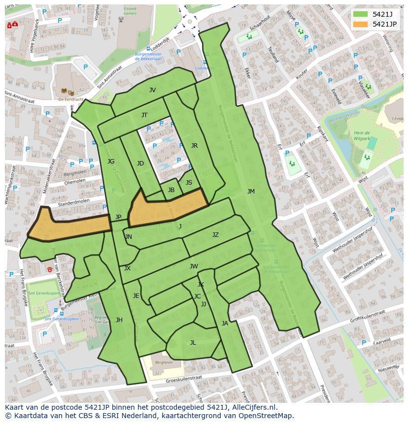 Afbeelding van het postcodegebied 5421 JP op de kaart.