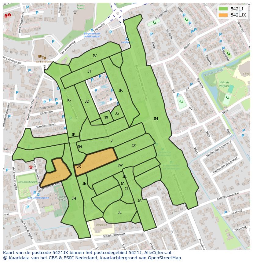 Afbeelding van het postcodegebied 5421 JX op de kaart.