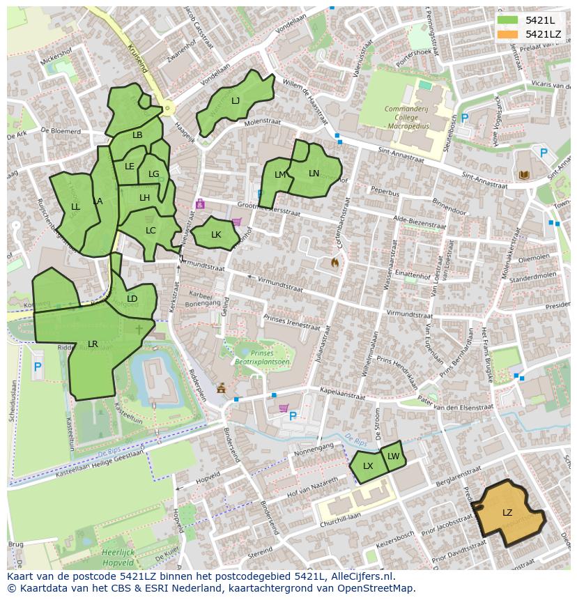 Afbeelding van het postcodegebied 5421 LZ op de kaart.