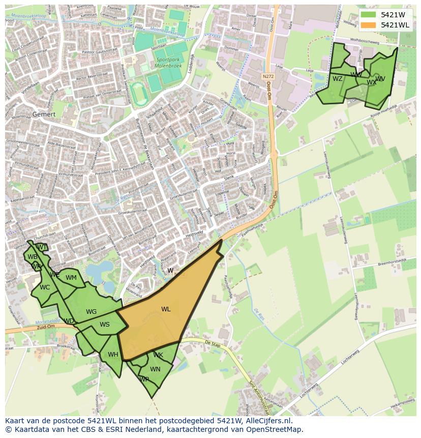 Afbeelding van het postcodegebied 5421 WL op de kaart.