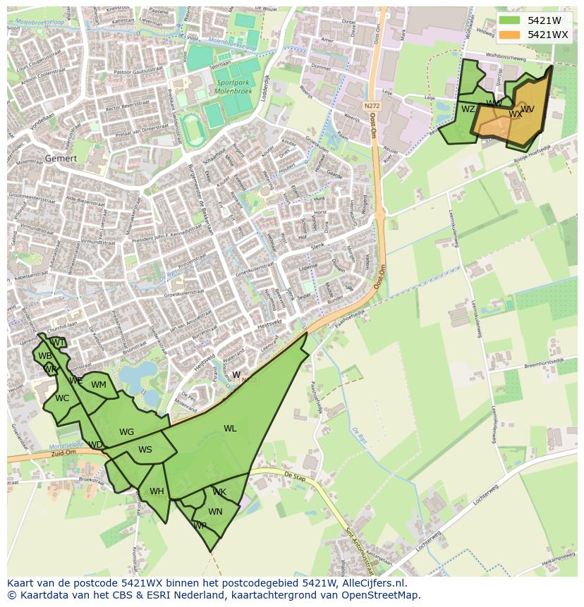 Afbeelding van het postcodegebied 5421 WX op de kaart.