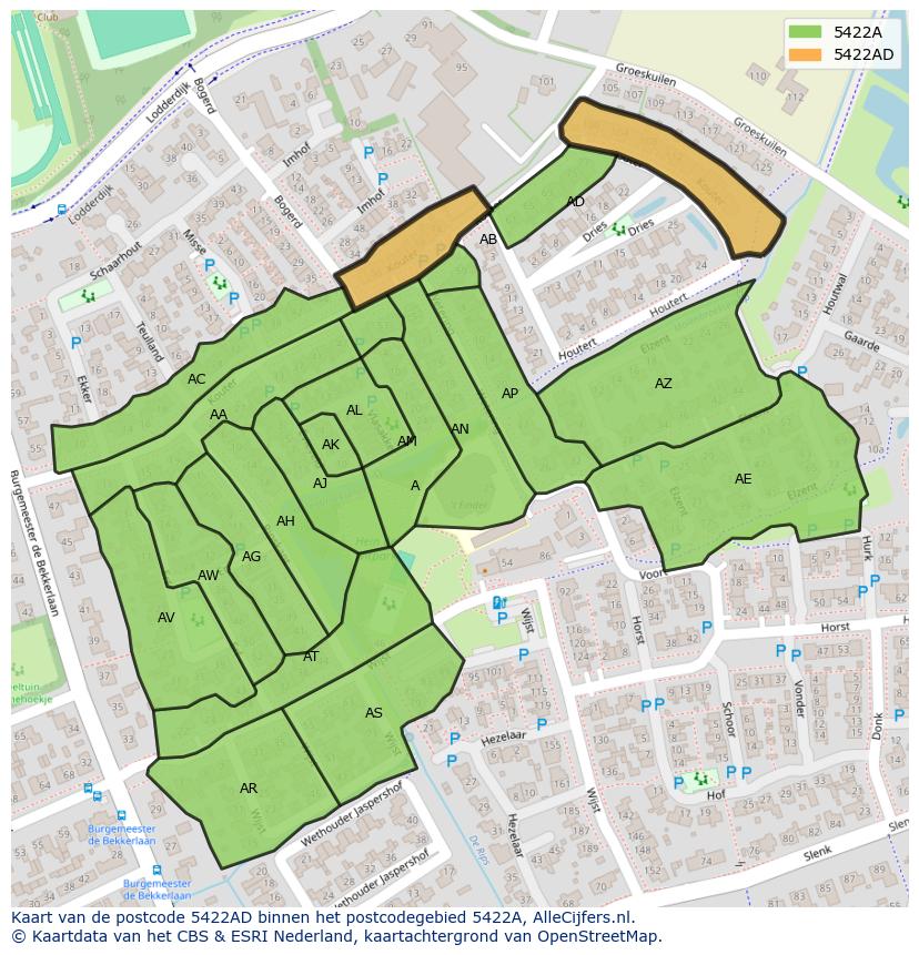 Afbeelding van het postcodegebied 5422 AD op de kaart.