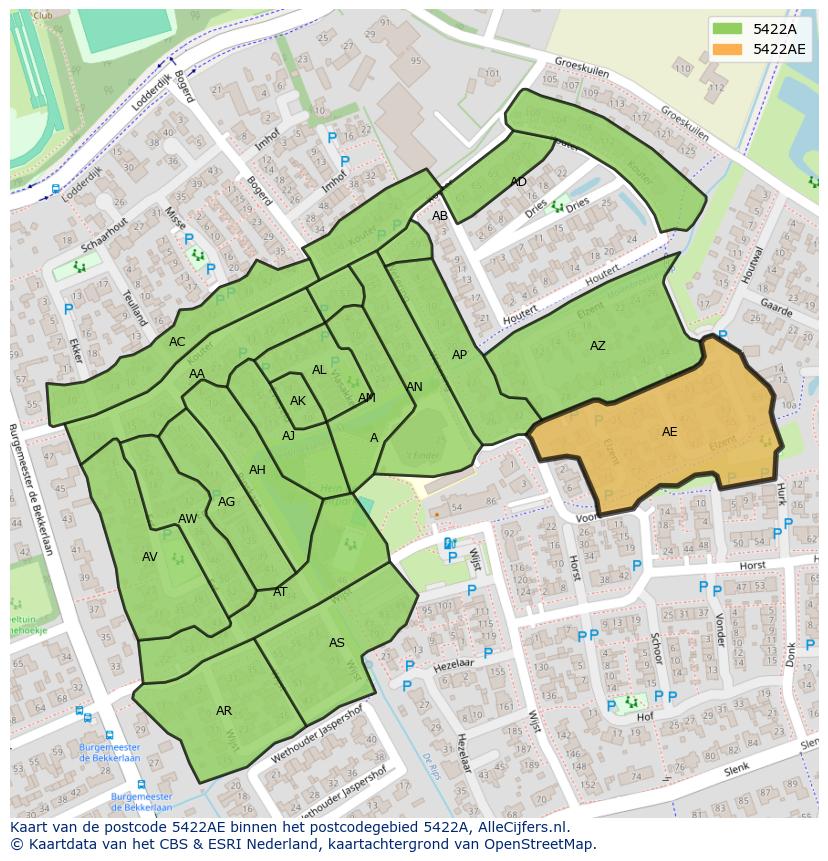 Afbeelding van het postcodegebied 5422 AE op de kaart.