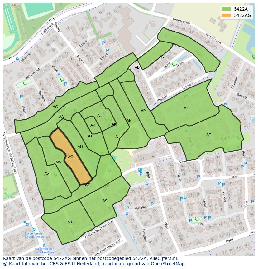 Afbeelding van het postcodegebied 5422 AG op de kaart.