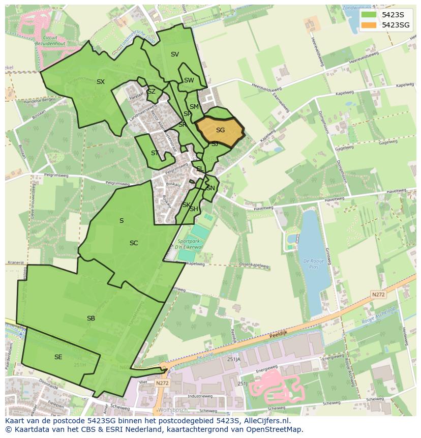 Afbeelding van het postcodegebied 5423 SG op de kaart.
