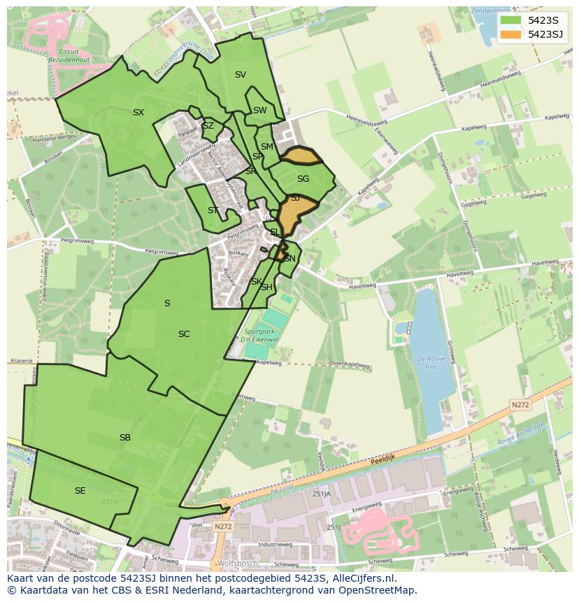 Afbeelding van het postcodegebied 5423 SJ op de kaart.