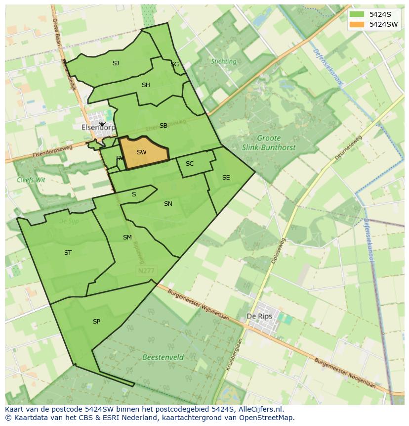 Afbeelding van het postcodegebied 5424 SW op de kaart.