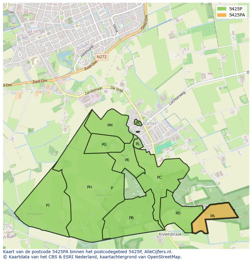 Afbeelding van het postcodegebied 5425 PA op de kaart.