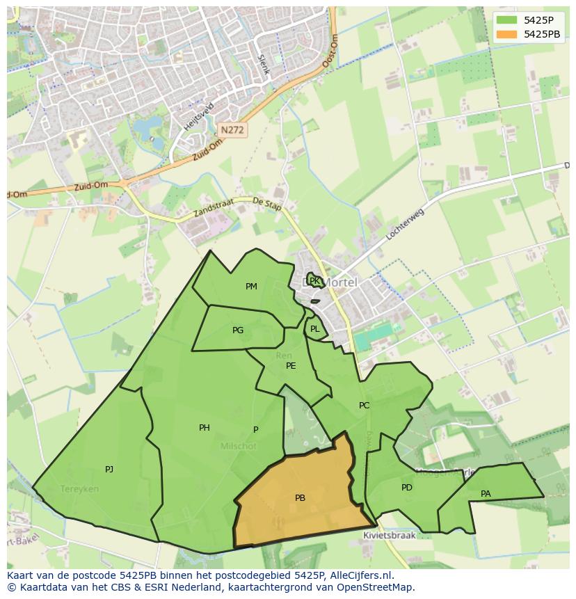 Afbeelding van het postcodegebied 5425 PB op de kaart.