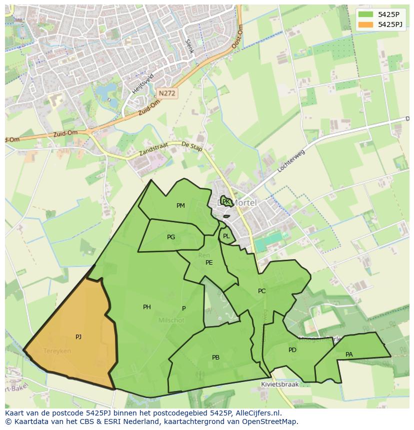 Afbeelding van het postcodegebied 5425 PJ op de kaart.