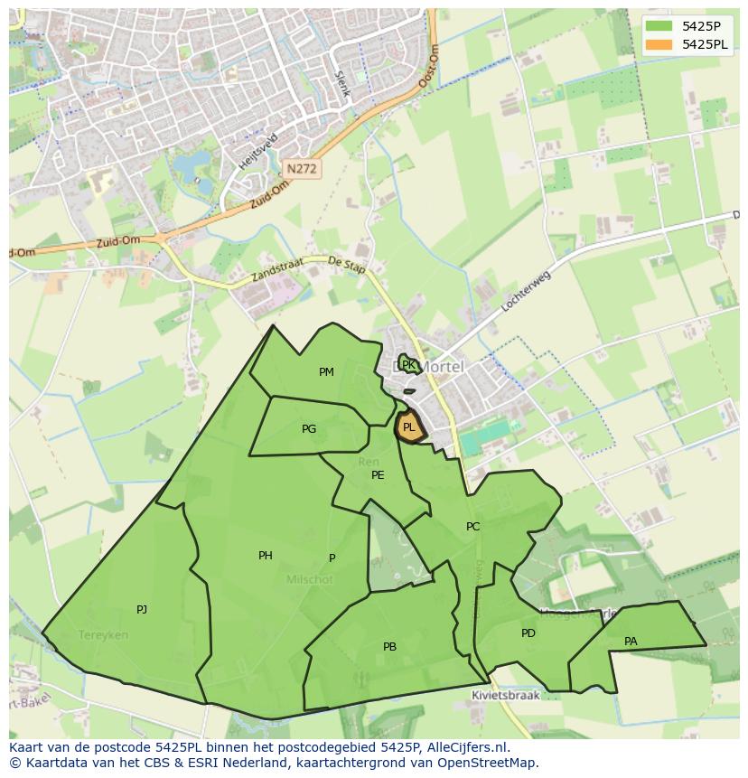 Afbeelding van het postcodegebied 5425 PL op de kaart.