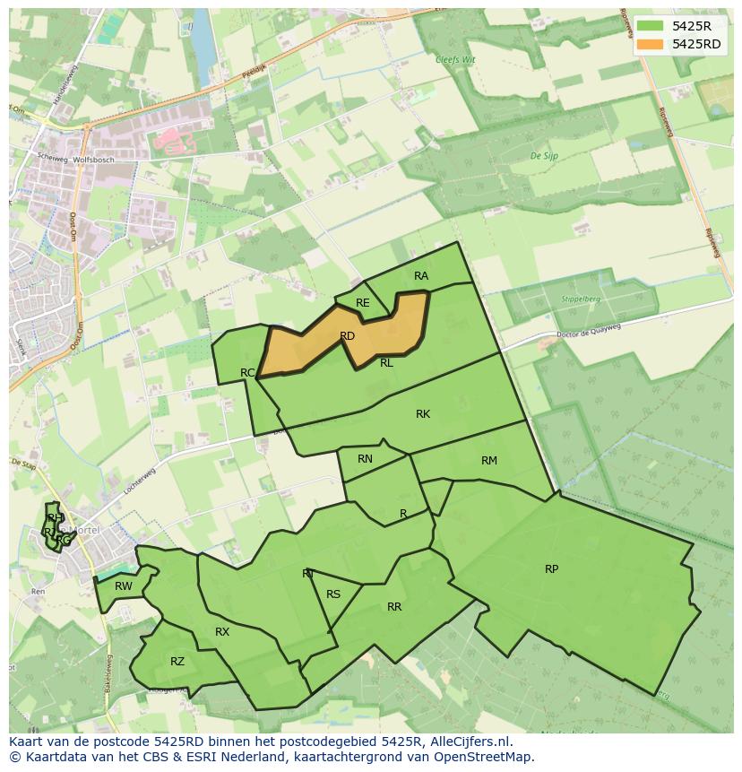 Afbeelding van het postcodegebied 5425 RD op de kaart.