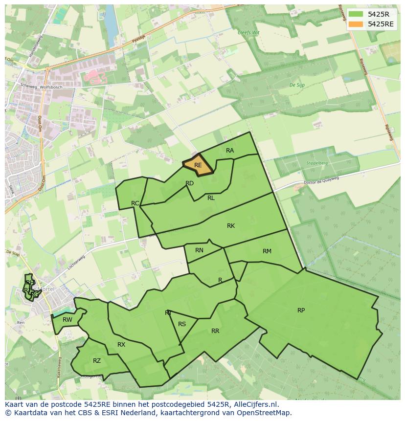 Afbeelding van het postcodegebied 5425 RE op de kaart.