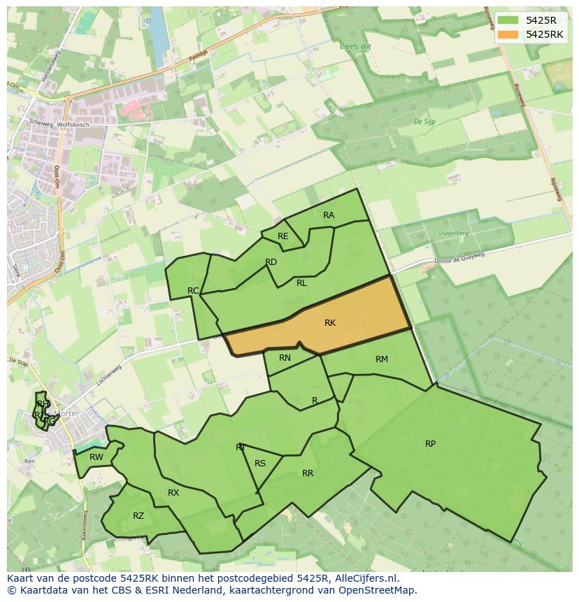 Afbeelding van het postcodegebied 5425 RK op de kaart.